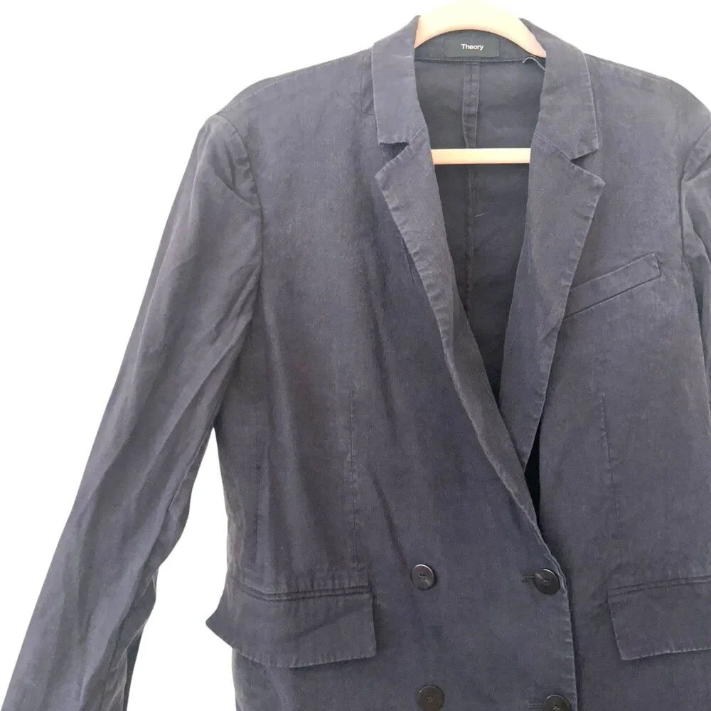THEORY Piazza Linen‎ Blend Blazer Navy Blue Sz 10